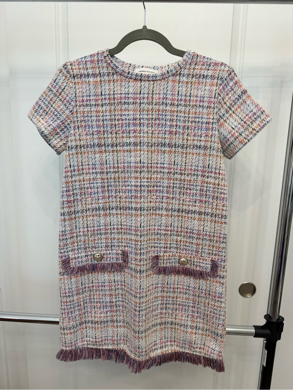 Goodnight Macaroon Multicolor Tweed Fringe Pocket Shift Dress